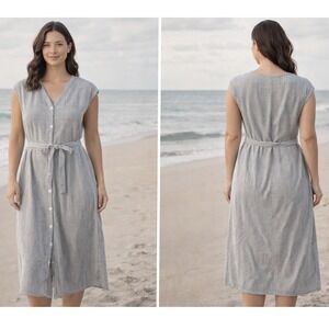 Caution To The Wind Ribbed Midi Dress Womens Medium Grey Stripe Coastal Casual